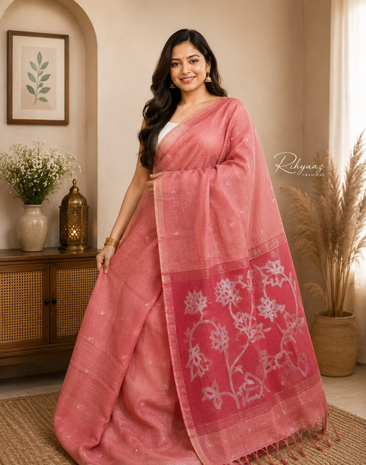 Ayat Linen Silk Resham Anchal Copper Silver Zari Jamdani Weaved Saree by Rihyaaz – Premium Handwoven Festive & Wedding Saree