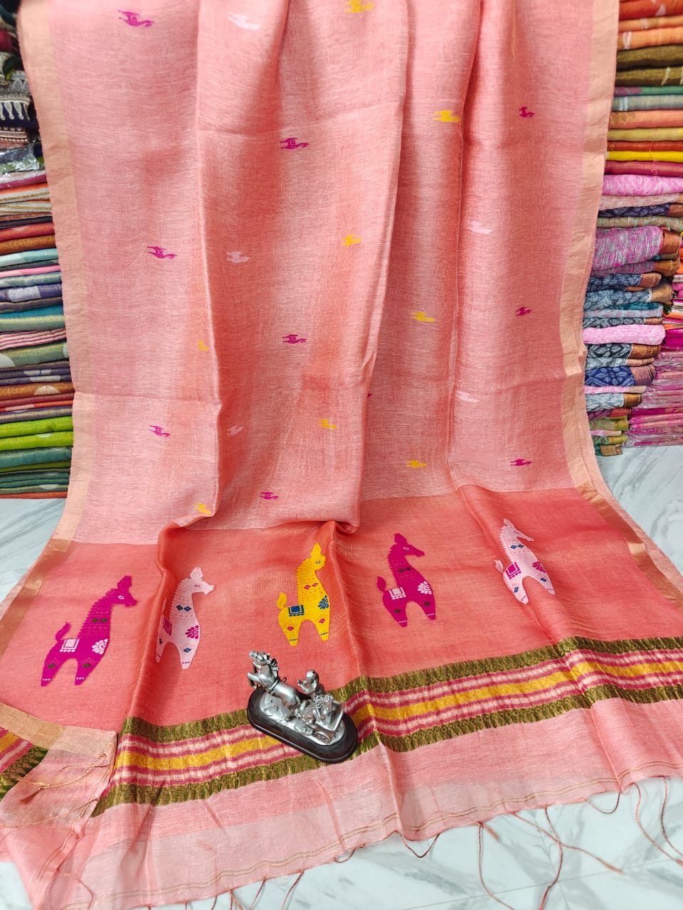 Terracotta Linen Silk Saree with intricate Resham woven palla by Rihyaaz, premium handwoven ethnic saree featuring elegant craftsmanship, soft drape, and timeless festive wear for women