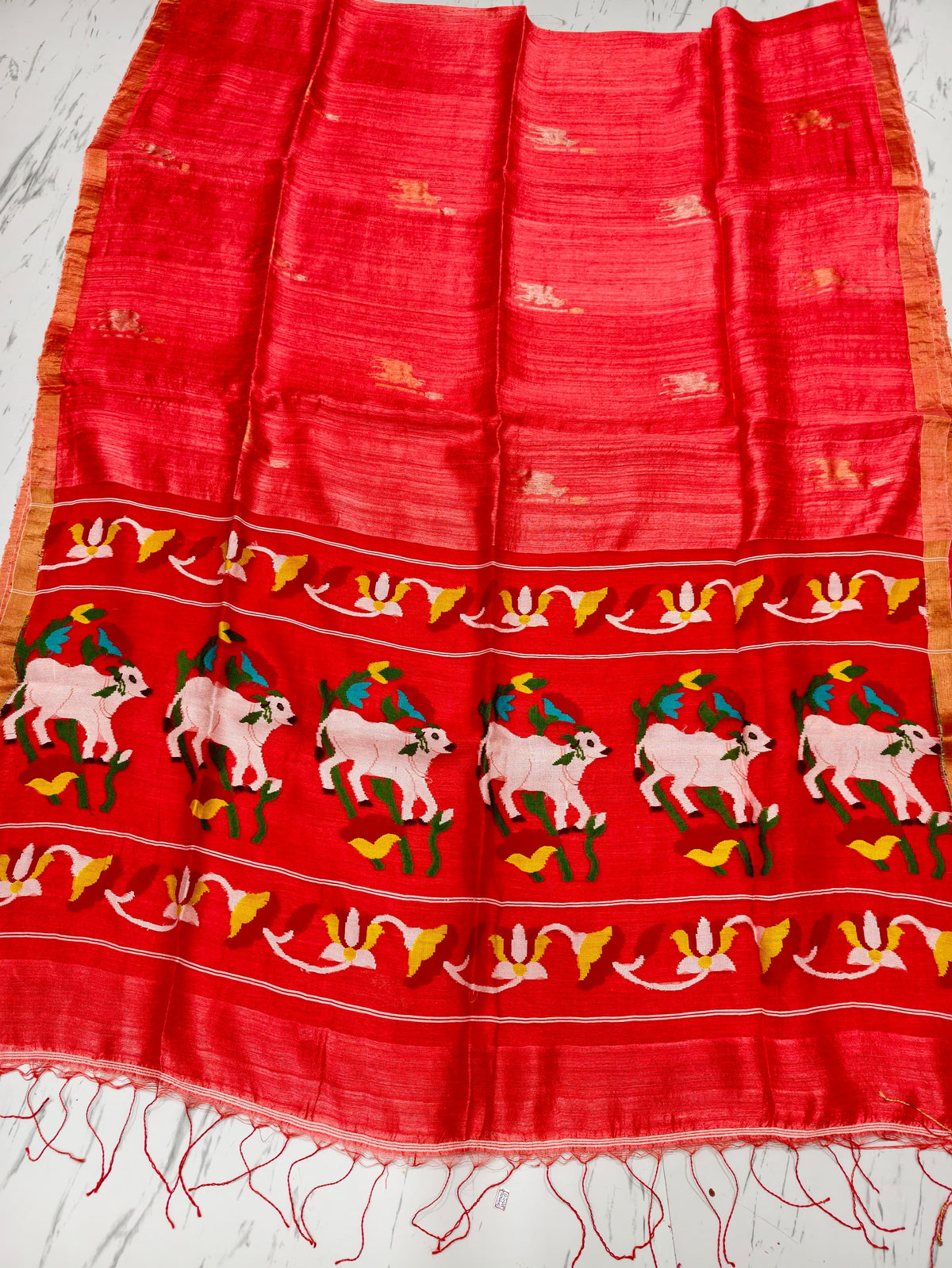 Godan peach Pichwai Inspired Pure Motka Muslin saree with beautifully crafted pallu and matching blouse piece, Silk Mark certified by Rihyaaz Fashions.