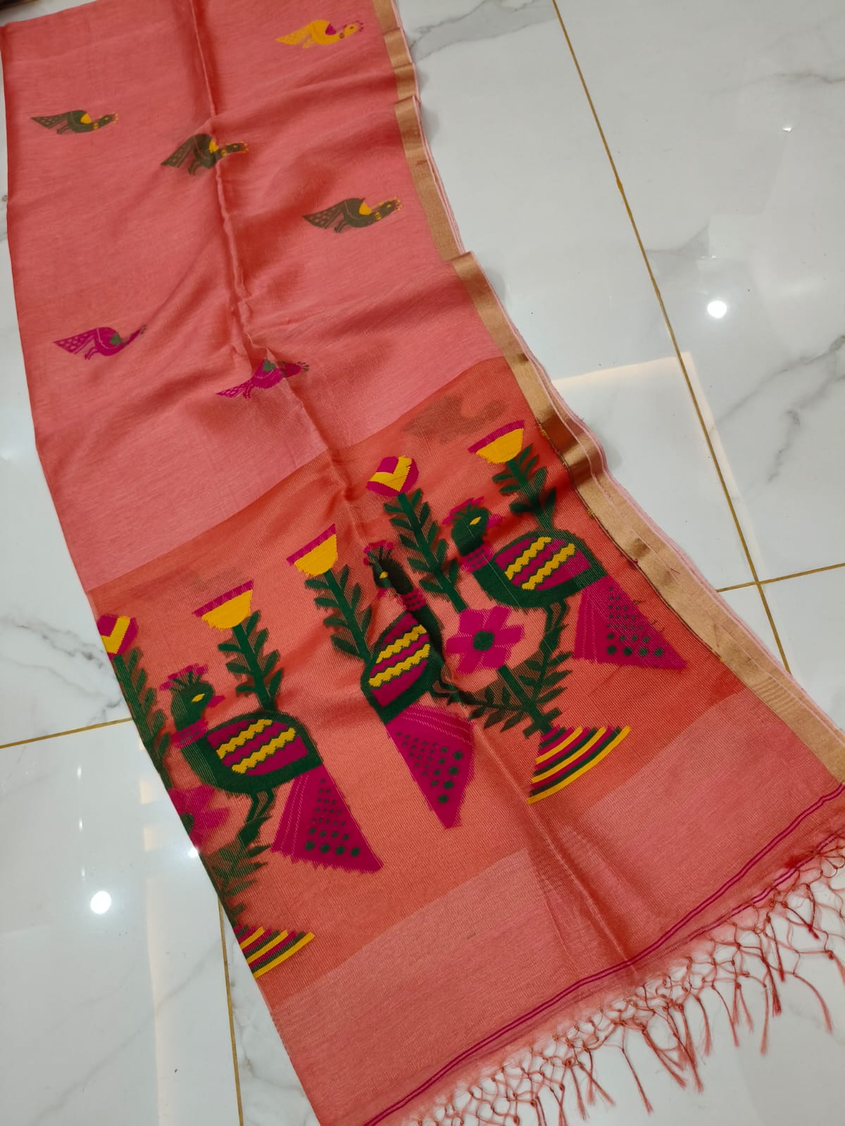Mayur peach pure Jayasree linen tissue saree with pure tested zari and Paithani Jamdani work, featuring a running blouse piece by Rihyaaz.