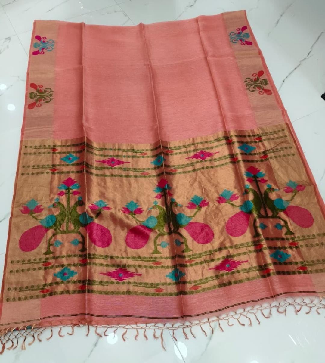 Mayeri Pure Linen Tissue Silk Jamdani Saree with beautiful double-side borders and blouse piece, colour customisation available | Rihyaaz