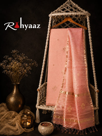 Lipi peach Resham Linen Zari Jamdani suit with zari border and heavy palla Resham dupatta by Rihyaaz
