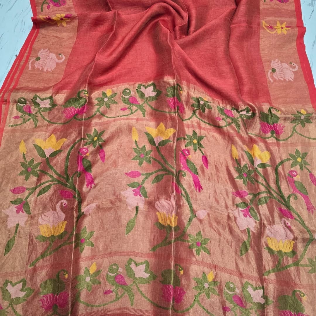 Canopy Silk Linen Paithani Border and Palla Handwoven Saree by Rihyaaz in premium silk linen fabric with elegant traditional Paithani weaving, ideal for weddings, festive occasions, and ethnic celebrations.