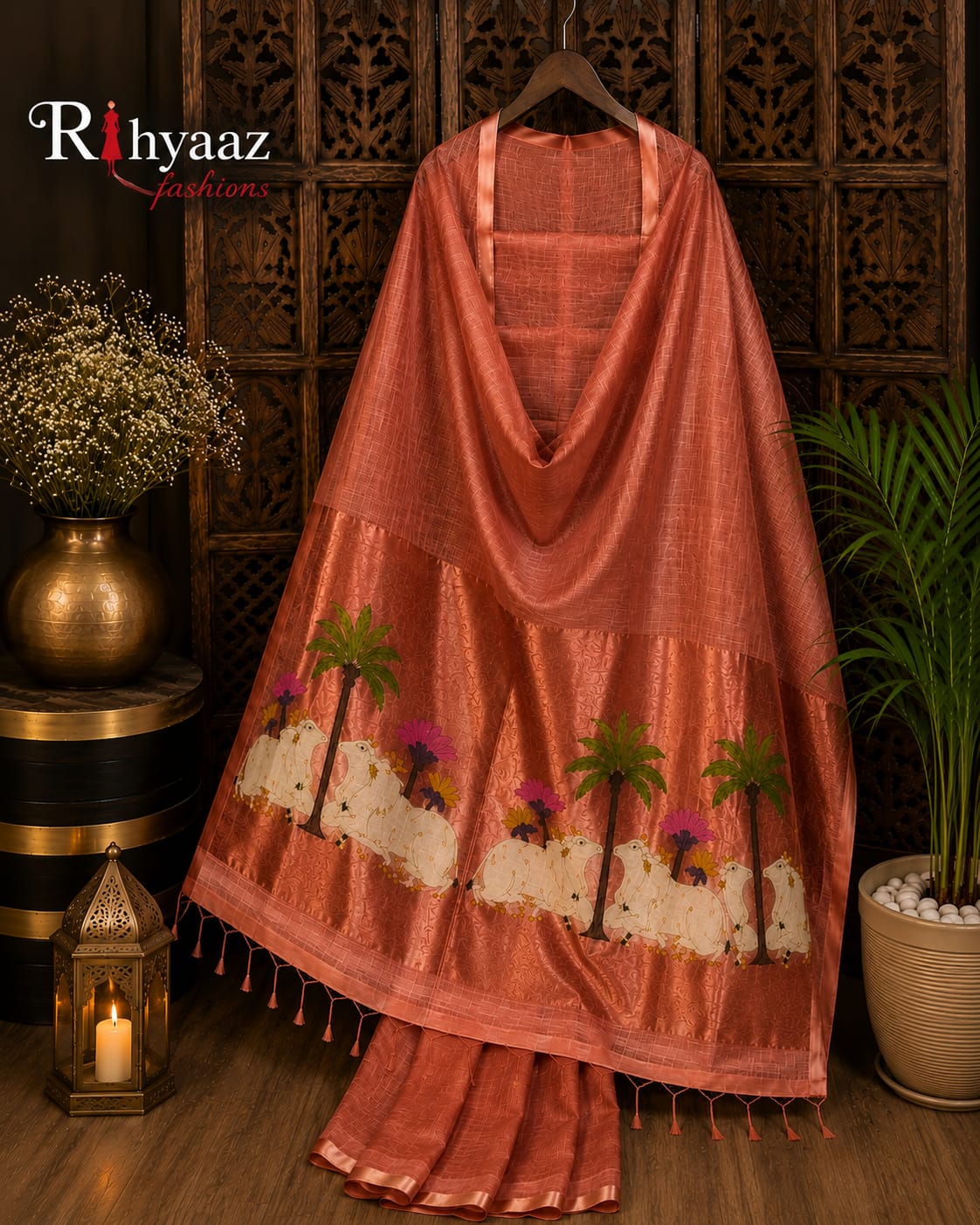 Kamdhenu Silk Linen Pichwai Motif Paithani Jamdani Saree by Rihyaaz featuring intricate Pichwai-inspired weaving, elegant Paithani pallu, handcrafted details, and a plain blouse piece for festive and traditional wear.
