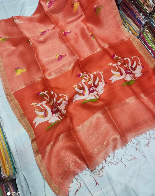 Jalangi Silk Linen Resham Anchal Jamdani Saree by Rihyaaz featuring intricate handwoven Jamdani detailing and elegant Resham Anchal