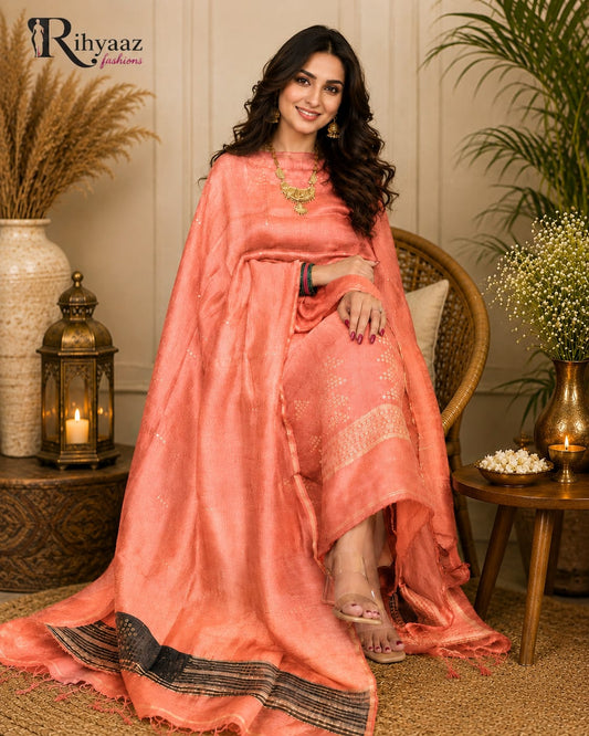 𝓝𝓪𝓳𝓪𝓶 silk linen sequin weaved dress featuring intricate double-weaved silk sequin detailing, crafted by Rihyaaz Fashions.