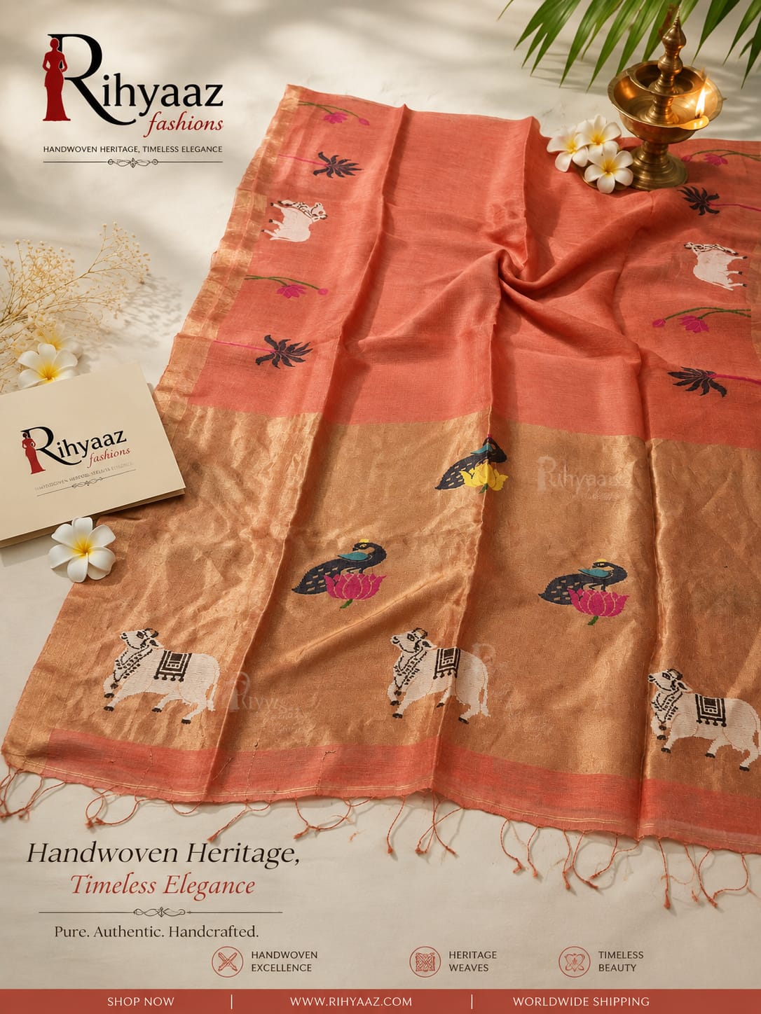 Subh Silk Linen Zari Palla Pichwai Motif Saree by Rihyaaz featuring intricate Pichwai-inspired motifs, luxurious zari palla, elegant handwoven craftsmanship, and a graceful drape for festive, wedding, and traditional wear.