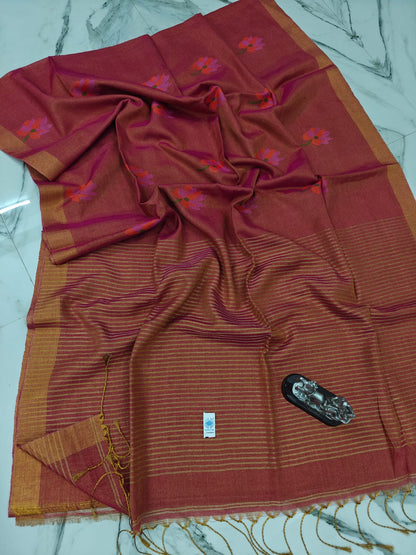 Lolita tissue linen allover weaved floral motiffs needle Jamdani saree with blouse piece, and striped zari weave in Pallu, handcrafted Bengali saree by Rihyaaz