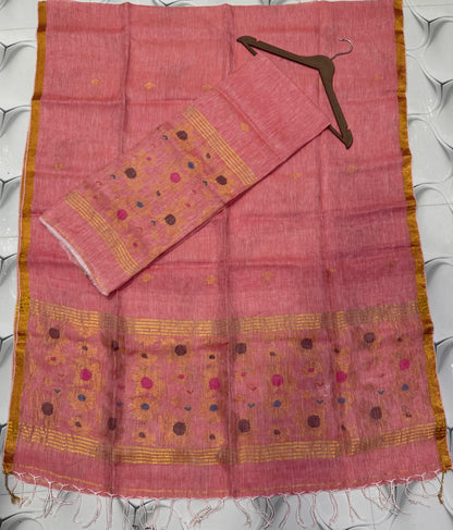 Peach zari weaved pure linen Jamdani suit set with 2.6 meter top and 2.5 meter Tassels dupatta by Rihyaaz 