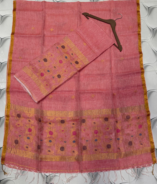 Rihyaaz new zari weaved pure linen Jamdani suit set with 2.6 meter top and 2.5 meter tasals dupatta.