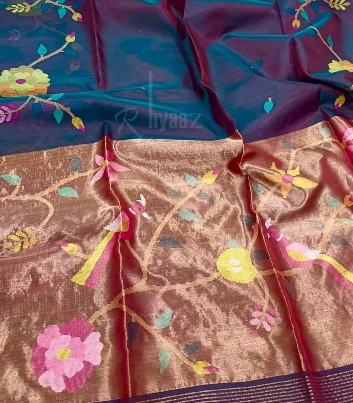 Anushua - Muslin Bird Motif Allover Weaved Silk paithani palla jamdani saree by Rihyaaz.