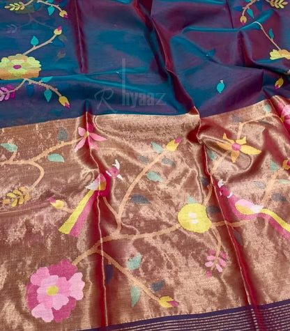 Anushua - Muslin Bird Motif Allover Weaved Silk paithani palla jamdani saree by Rihyaaz.