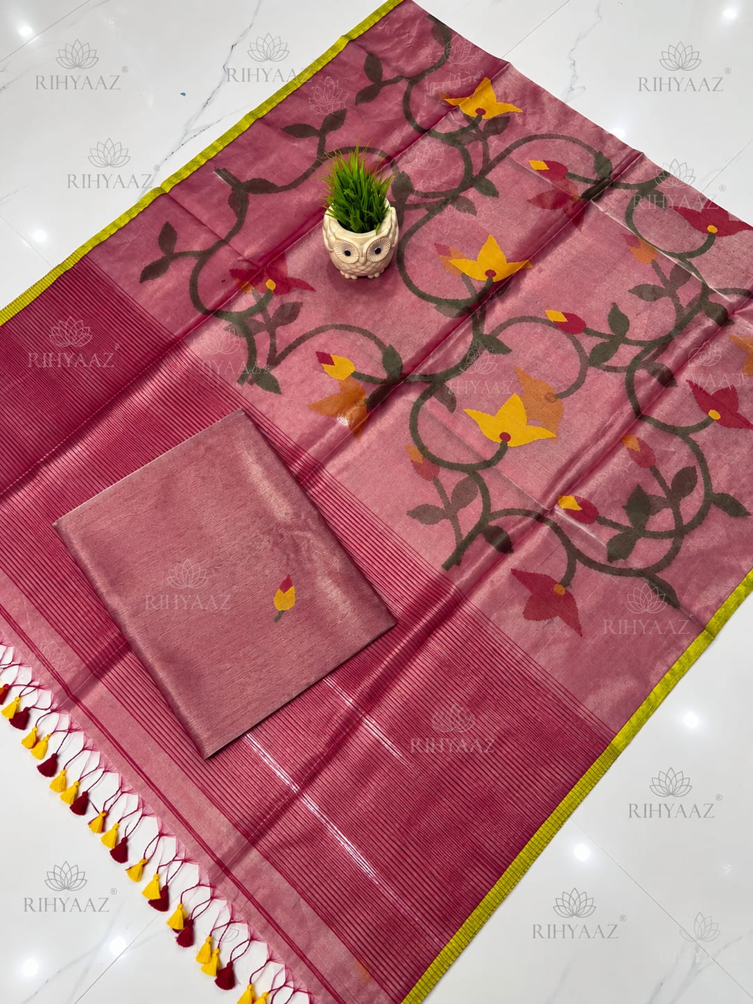 Dhara pink all-over floral weaved needle Jamdani woven tassel dupatta with muslin tissue suit, handcrafted Rihyaaz ethnic wear collection.