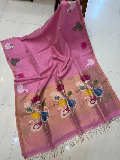 Premium handloom Resham Check Tissue Linen Paithani saree crafted in soft Silk Linen, featuring elegant check detailing and a running blouse piece by Rihyaaz.