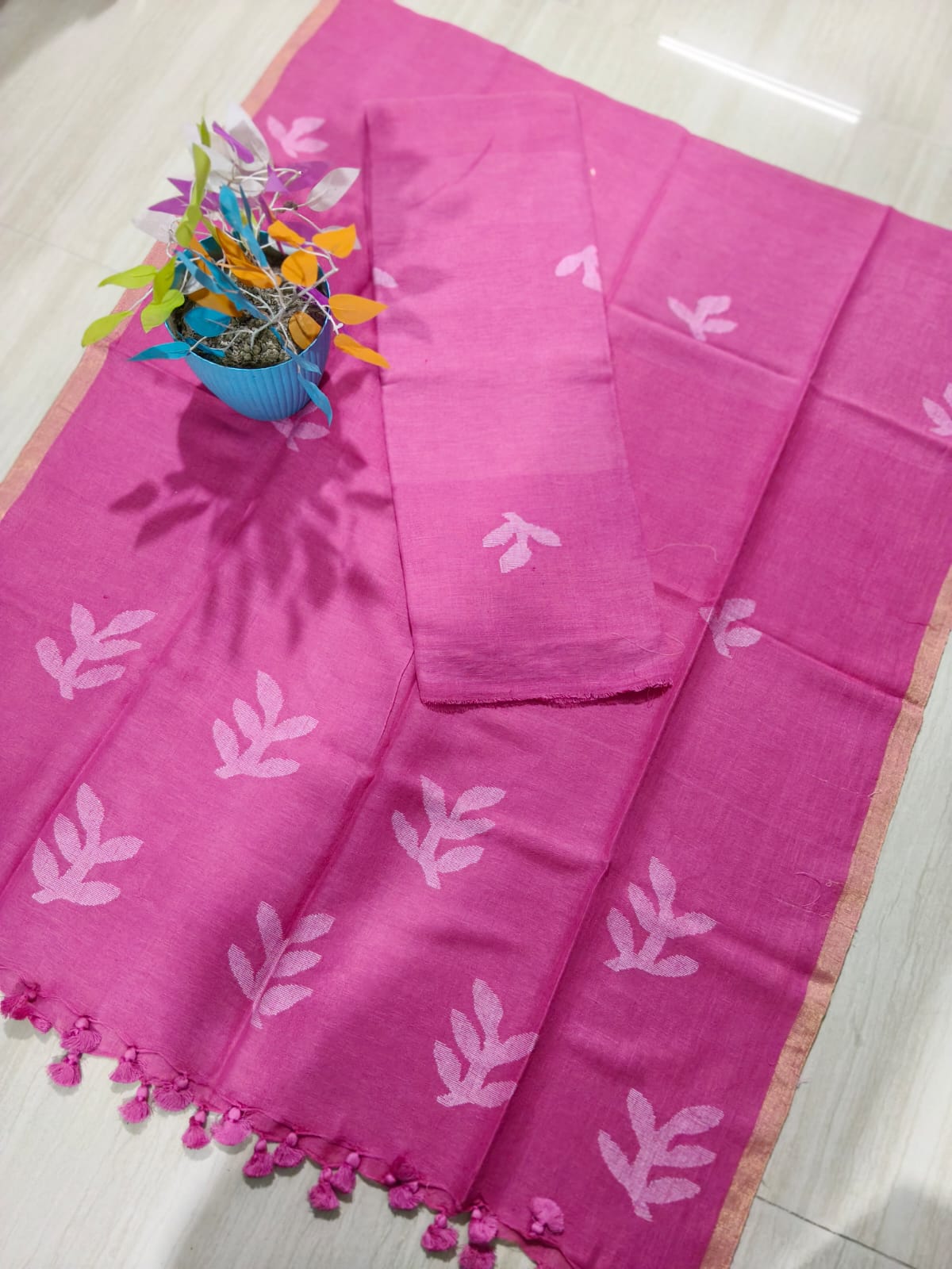 Tista Silk Linen Jamdani suit with needle-weaved leaf motifs and dupatta by Rihyaaz