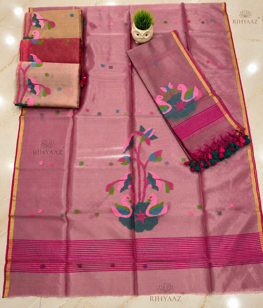 Kuhak Pink Tissue Needle Jamdani Suit by Rihyaaz – elegant traditional Indian ethnic wear with intricate Jamdani needle weaving and premium tissue fabric.
