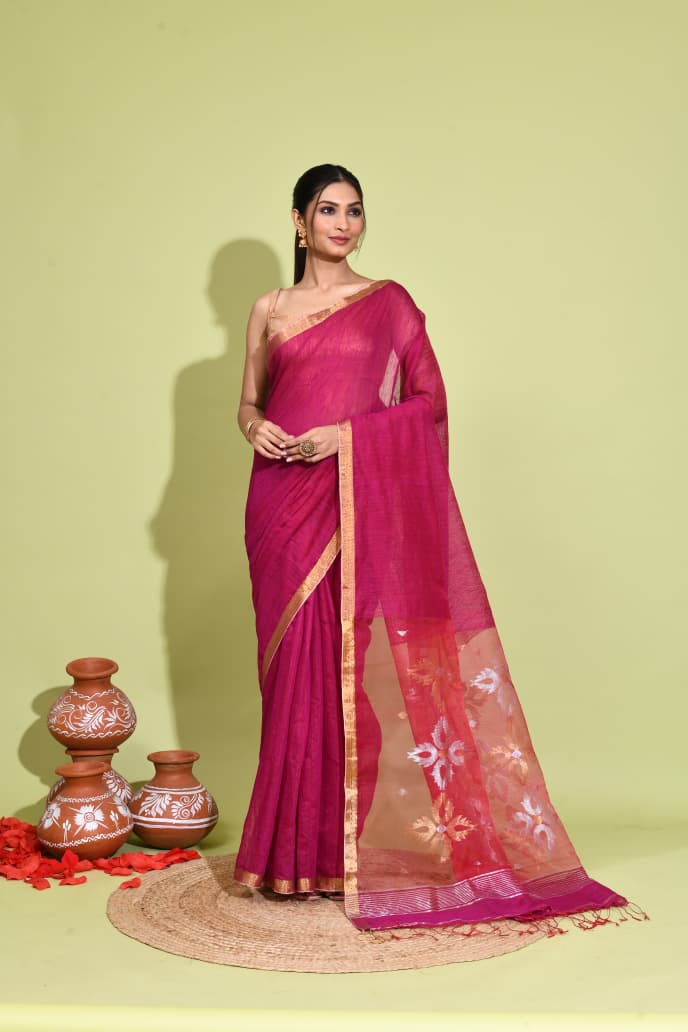 Mogra Dual Tone Matka Silk Saree with Resham and Zari Floral Aanchal by Rihyaaz in premium handcrafted Indian ethnic weave.