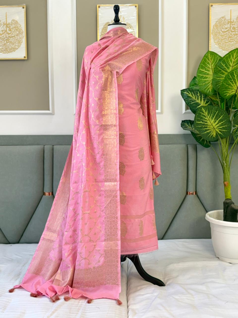 Exclusive Pink Banarasi Chiniya Silk Unstitched Salwar Kameez Design No. 8 by Rihyaaz, featuring a semi Chiniya silk top with intricate zari weaving, matching semi Chiniya silk zari-woven dupatta, and plain dyed cotton silk bottom, 2.5 metres each, premium festive ethnic wear.