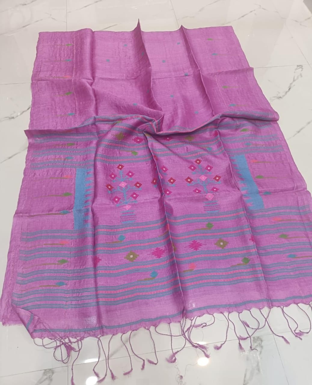 Swarnim Pink Paithani Bengal Tussar saree with intricate Jamdani weaving and running blouse piece by Rihyaaz Fashions.