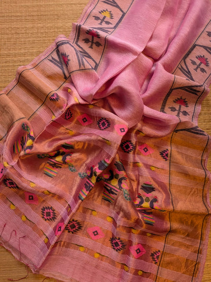 Iravati Pink exclusive silk linen saree featuring a tested zari Jamdani border, elegant Paithani-style tissue pallu, and matching running blouse piece by Rihyaaz Fashions.