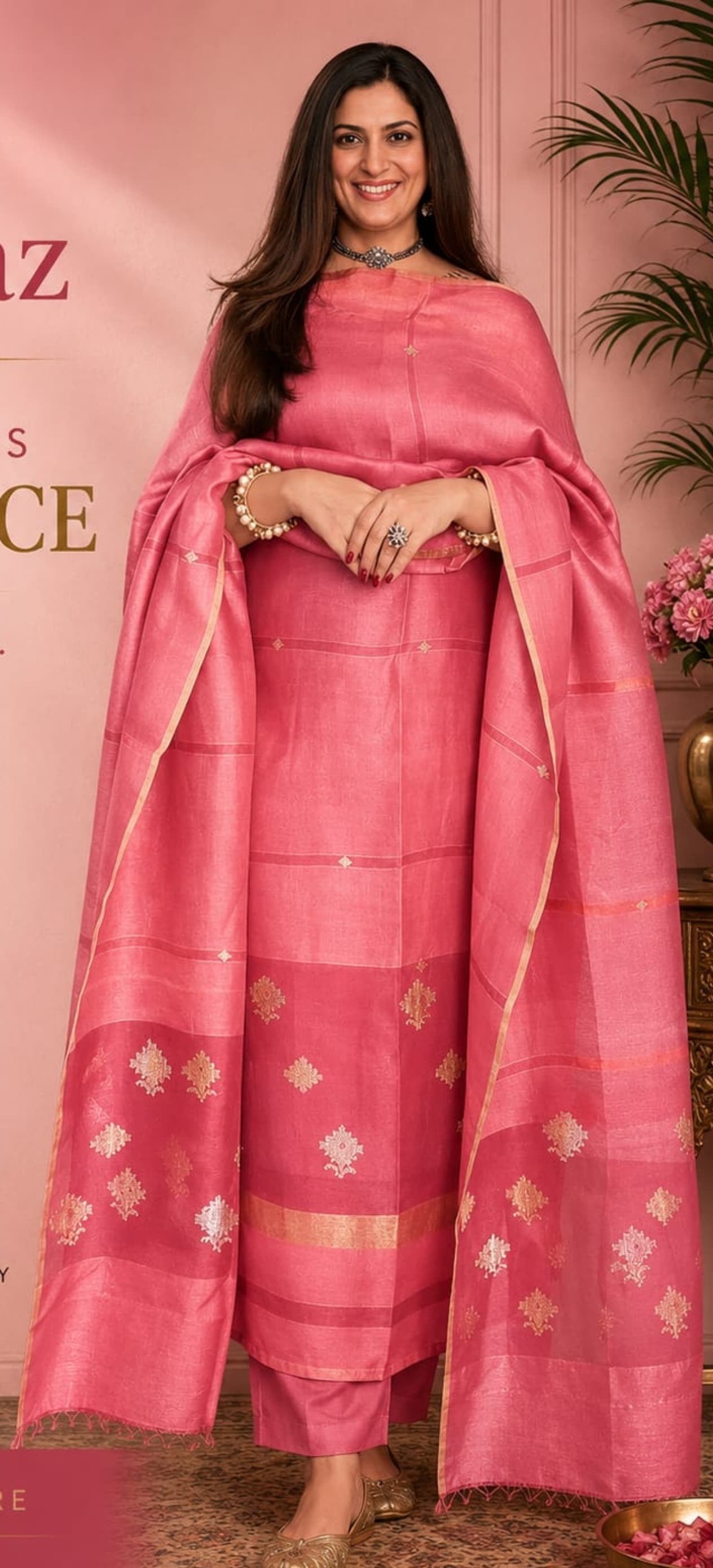 Laaj fine silk and silk-linen weaved suit with intricate gold and silver Jamdani weaving, featuring a matching top and dupatta by Rihyaaz; bottom available separately.