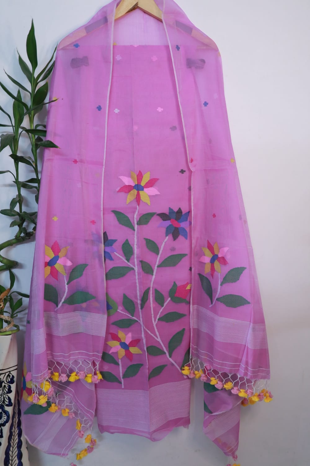 Tinka Floral multicolour cotton muslin Jamdani suit with intricate woven patterns by Rihyaaz