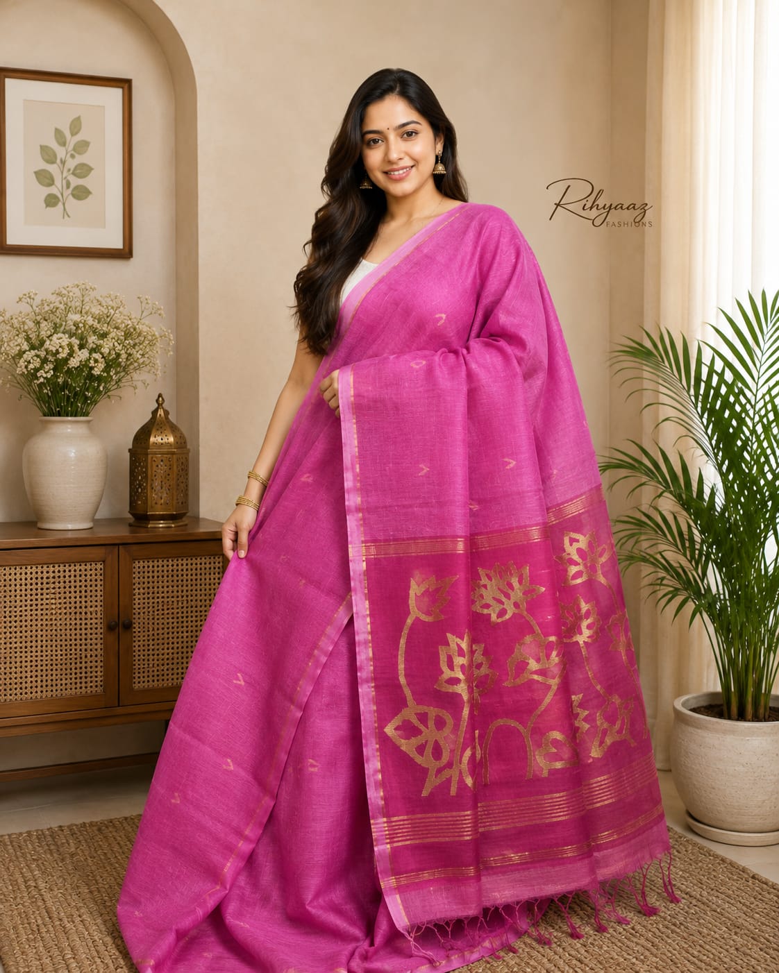 Ayat Linen Silk Resham Anchal Copper Silver Zari Jamdani Weaved Saree by Rihyaaz – Premium Handwoven Festive & Wedding Saree