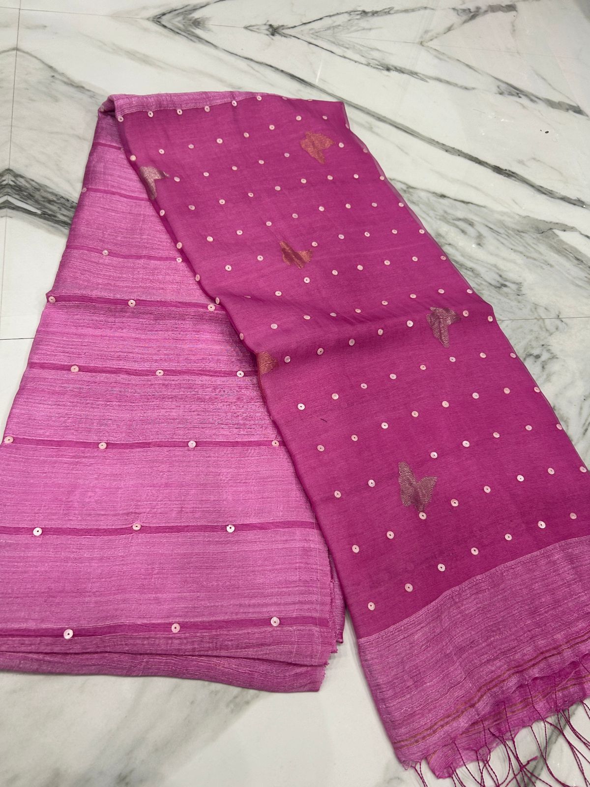 Titli Matka Resham saree with all-over weaved delicate shell sequin detailing and butterfly motifs by Rihyaaz.