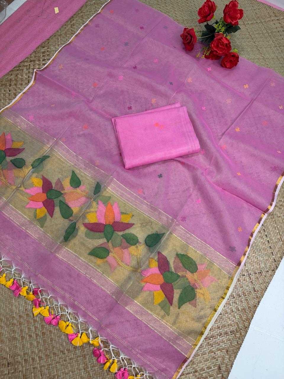 ✨ Muslin Paithani Jamdani Handwoven Suit Set with Tassels Dupatta | Rihyaaz