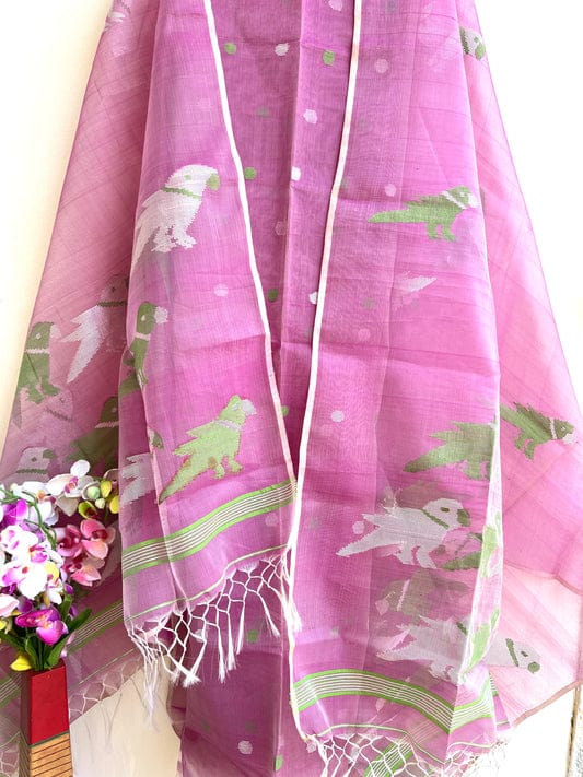 Chidiya muslin woven suit with zari and silk weaving, featuring polka dot motifs on the top by Rihyaaz Fashions.