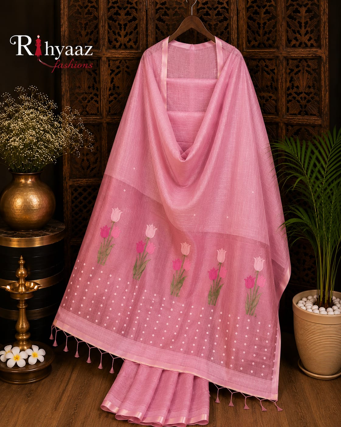 Tinka premium linen saree with resham tulip woven Jamdani anchal and all-over sequin detailing by Rihyaaz