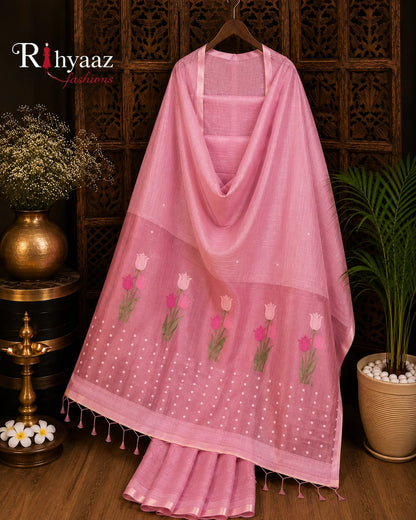 Tinka premium linen saree with resham tulip woven Jamdani anchal and all-over sequin detailing by Rihyaaz
