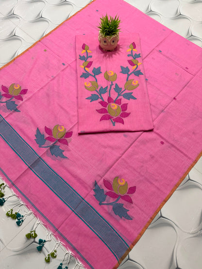 Pink Pure cotton Jamdani suit set with 2.5 meter cotton top and 2.5 meter dupatta, featuring traditional Jamdani weaving and elegant ethnic design by Rihyaaz.