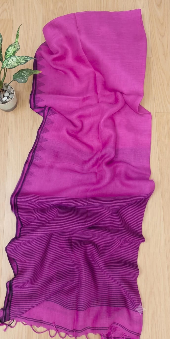 Pink Pure silk Jayashree linen saree with traditional temple border, striped palla and running blouse piece by Rihyaaz Fashions.