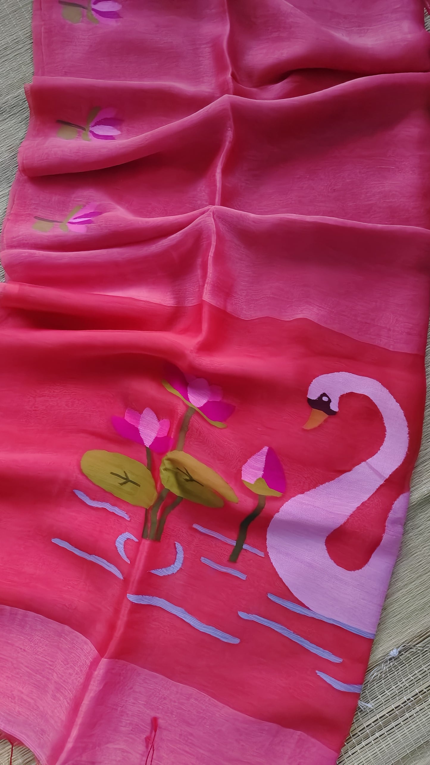 Pure Jayashree linen silk saree with handwoven needlework resham palla with delicate lotus and swan motifs and running blouse piece by Rihyaaz.
