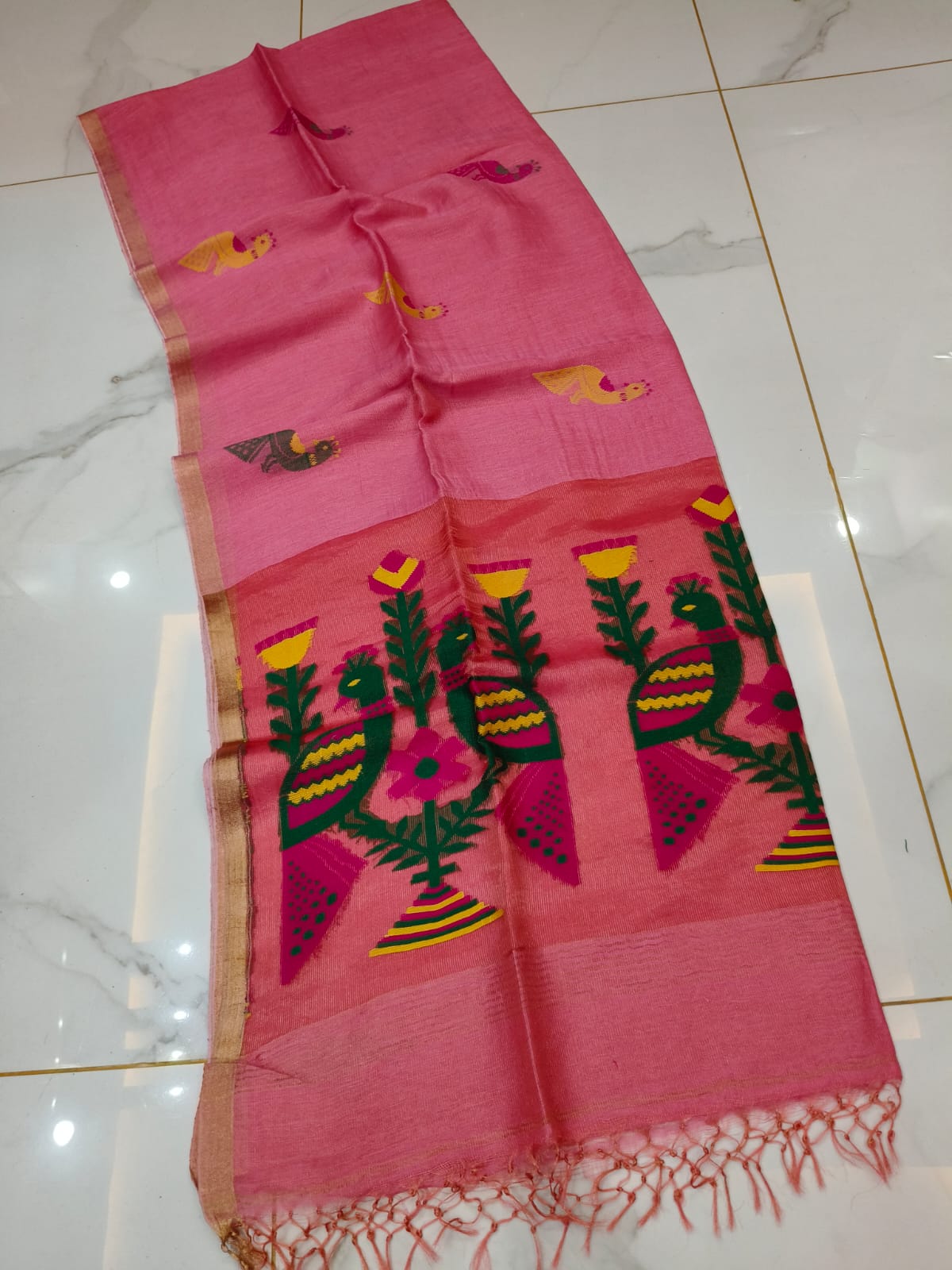 Mayur pink pure Jayasree linen tissue saree with pure tested zari and Paithani Jamdani work, featuring a running blouse piece by Rihyaaz.