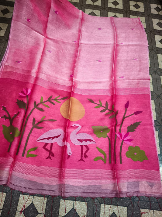 Kanika pure Jayasree silk linen saree with handwoven needlework Jamdani, pure Resham palla, all-over motifs and running blouse piece by Rihyaaz Fashions