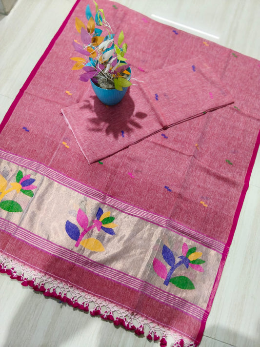 Mohey Pink pure Jayshree by Jayshree linen suit with Paithani palla weave Dupatta by Rihyaaz