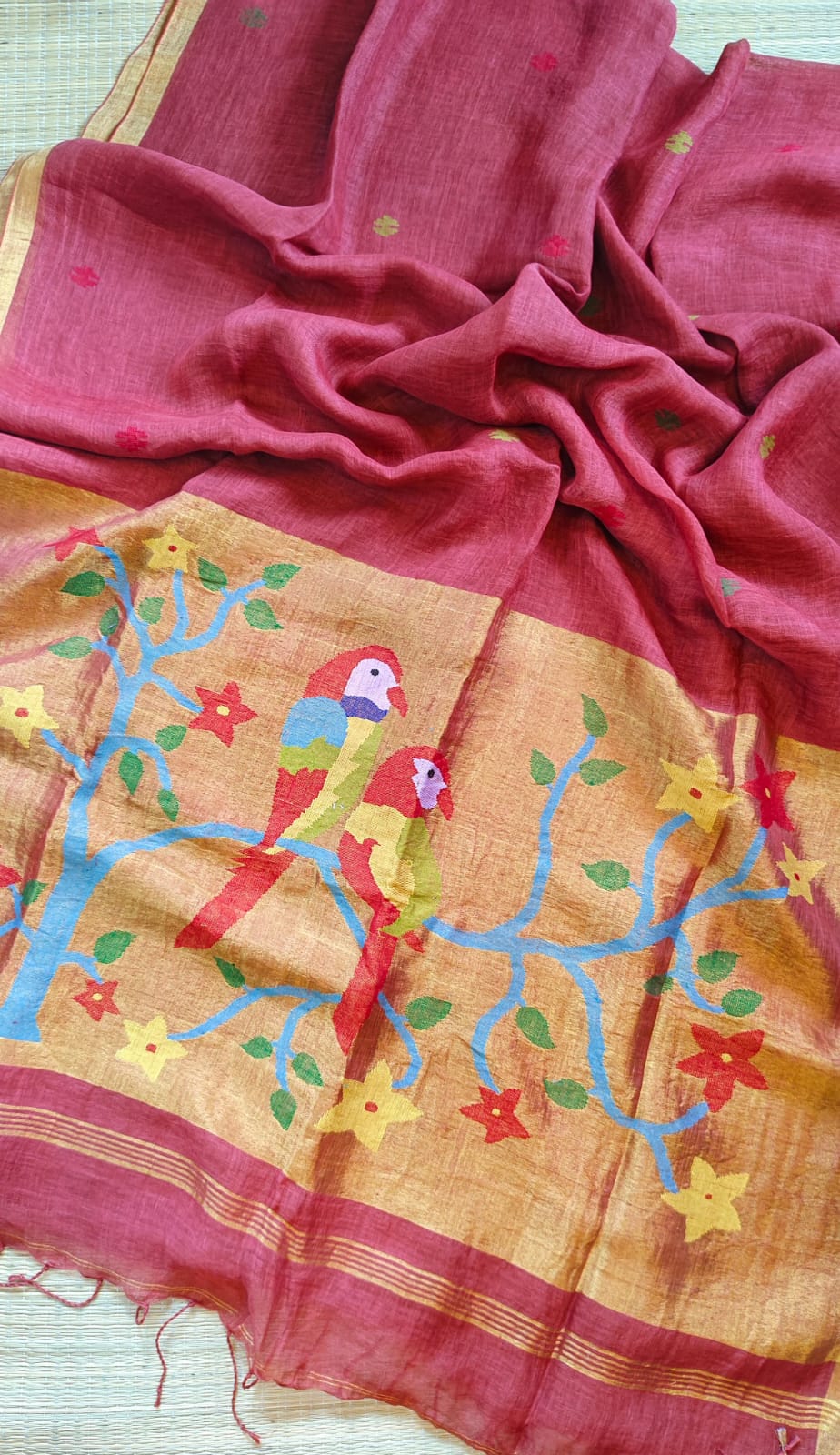 Kakatua Pure Linen Paithani Saree by Rihyaaz with matching blouse piece, elegant Paithani weave, premium linen fabric, custom colour options available, handcrafted ethnic wear.
