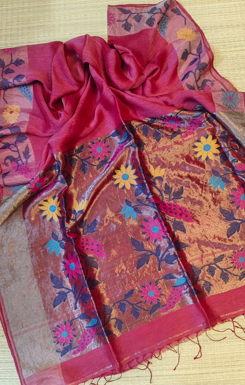 Tarang pure linen tissue Jamdani saree featuring a beautifully detailed needlework Jamdani border with floral and bird motifs, by Rihyaaz.