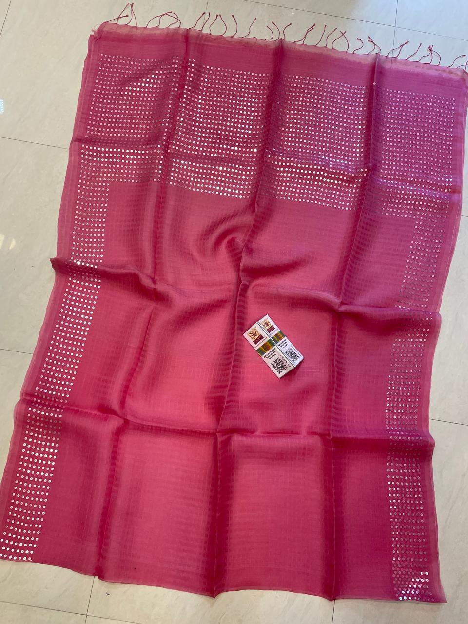 🌟 𝓒𝓱𝓪𝓶𝓪𝓴  – Authentic Pure Double-Ply Export Organic 360 Count Pocket Sequin Dye Saree | Pure Muslin Saree | By Rihyaaz