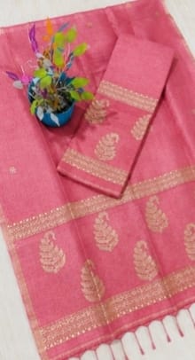 Kairi pink Pure Silk Linen Jamdani suit with handwoven detailing and net tassel dupatta by Rihyaaz