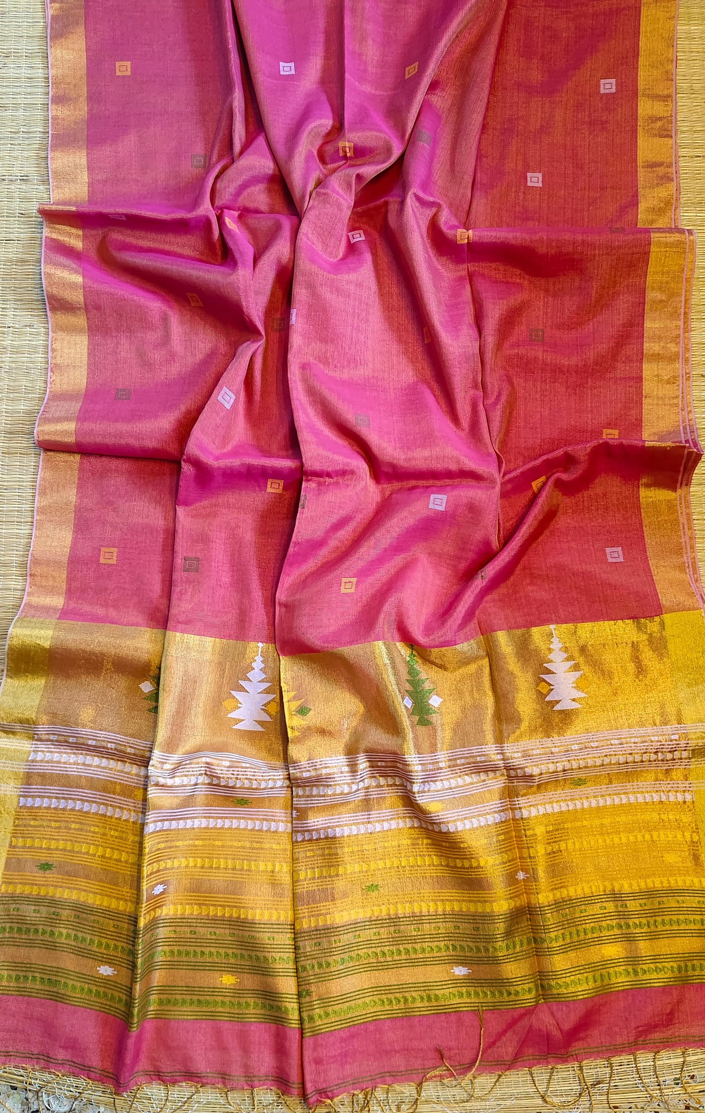 Pure tissue cotton handloom Paithani design saree with beautiful golden selvage and running blouse piece by Rihyaaz.