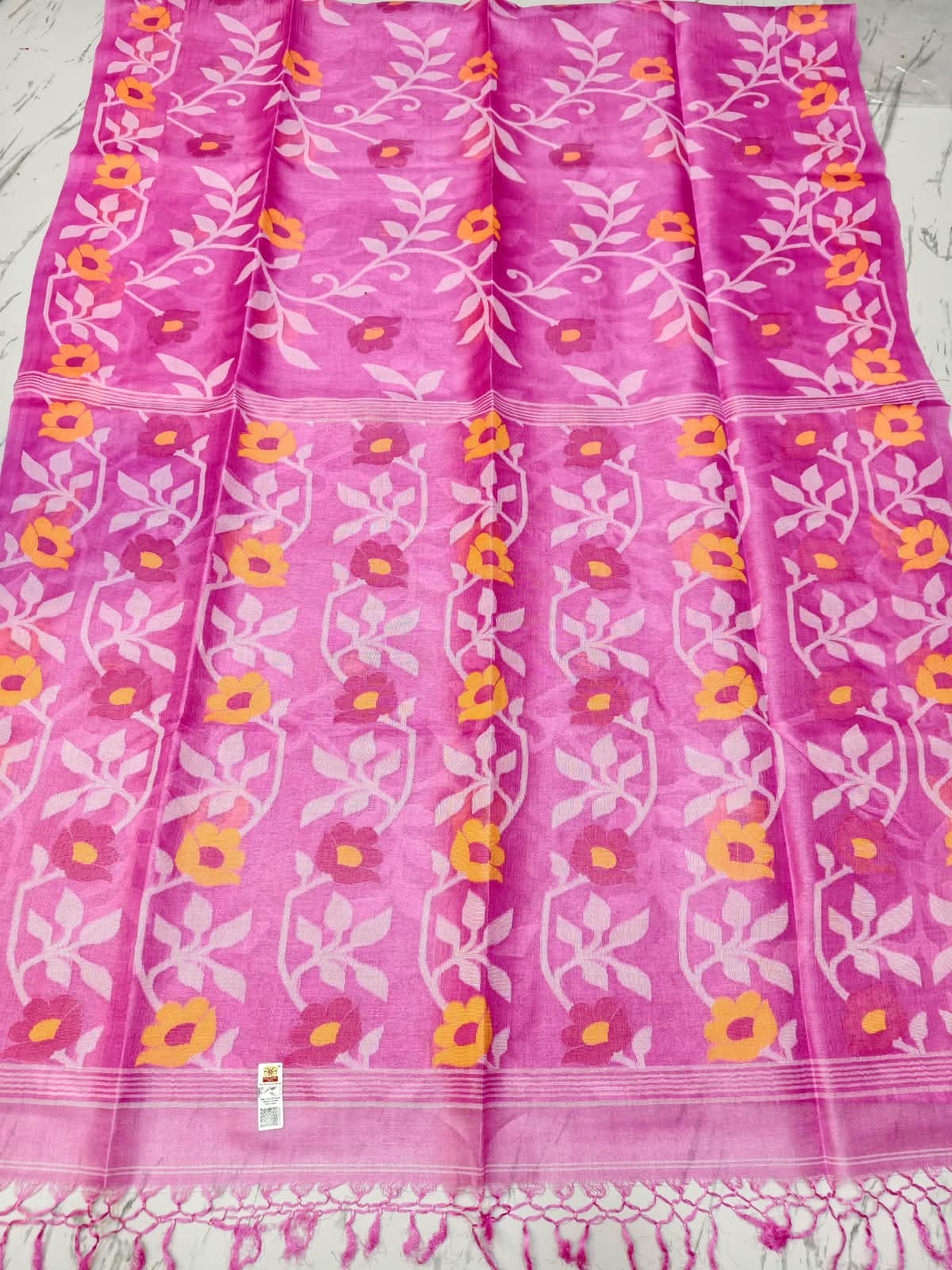 Bageecha Pink Pure Tussar Jamdani saree with intricate all-over handwoven floral Jamdani work, Silk Mark certified by Rihyaaz 