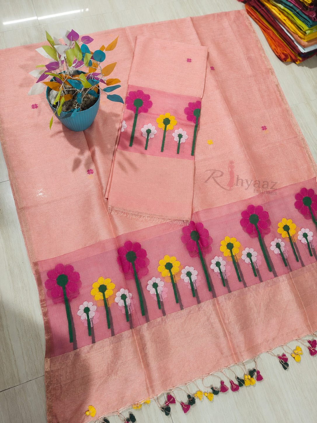 Phool - Resham Palla Silk Linen Jamdani Suit by Rihyaaz featuring handwoven Jamdani motifs, elegant resham palla, premium silk linen fabric, and timeless ethnic craftsmanship for festive and occasion wear.