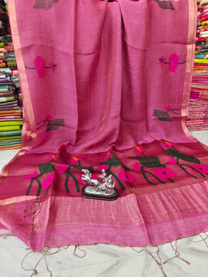 Muslin Silk linen floral motifs zari weaved Needle work jamdani saree by Rihyaaz 