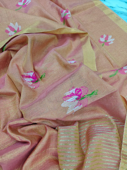 Lolita tissue linen allover weaved floral motiffs needle Jamdani saree with blouse piece, and striped zari weave in Pallu, handcrafted Bengali saree by Rihyaaz