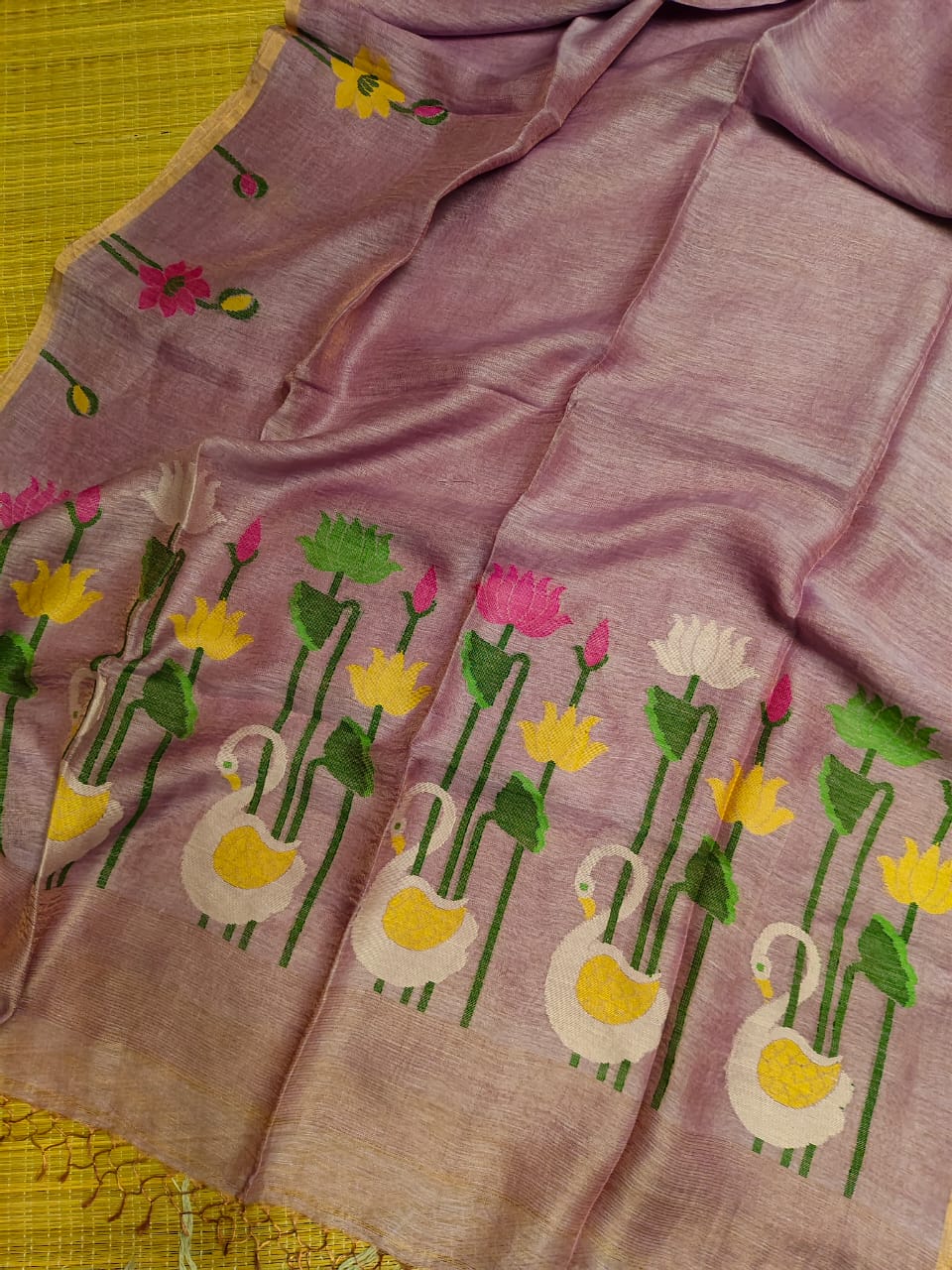Rajhans - Pure Linen Silk Jamdani Handwoven Saree by Rihyaaz featuring premium linen silk fabric with intricate traditional Jamdani weaving, elegant handcrafted motifs, and luxurious festive ethnic wear for women.