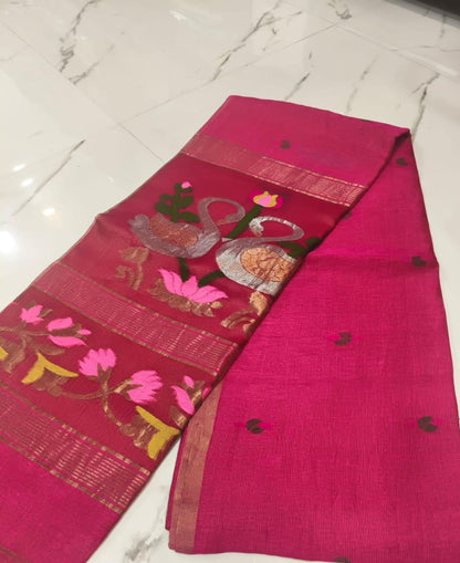 Batakh Silk Tissue Linen Saree by Rihyaaz – a luxurious handwoven saree blending silk tissue elegance with timeless Indian craftsmanship. Perfect for festive and occasion wear.