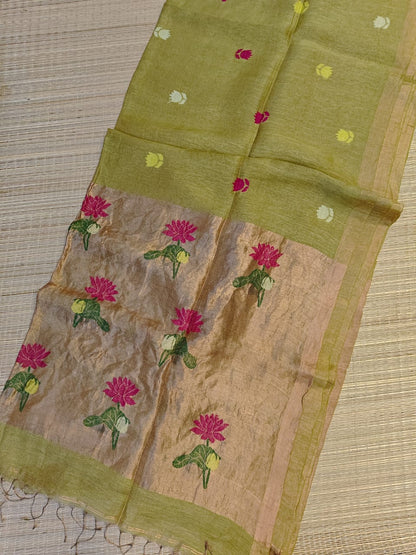Zarf - Pure Tested Zari Tissue Linen Saree with Paithani Jamdani Palla by Rihyaaz, handwoven premium dyeable festive saree featuring traditional Indian weaving craftsmanship.